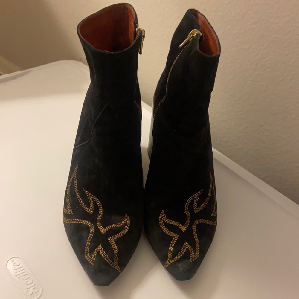 Acne Studios black suede booties with gold stitched design